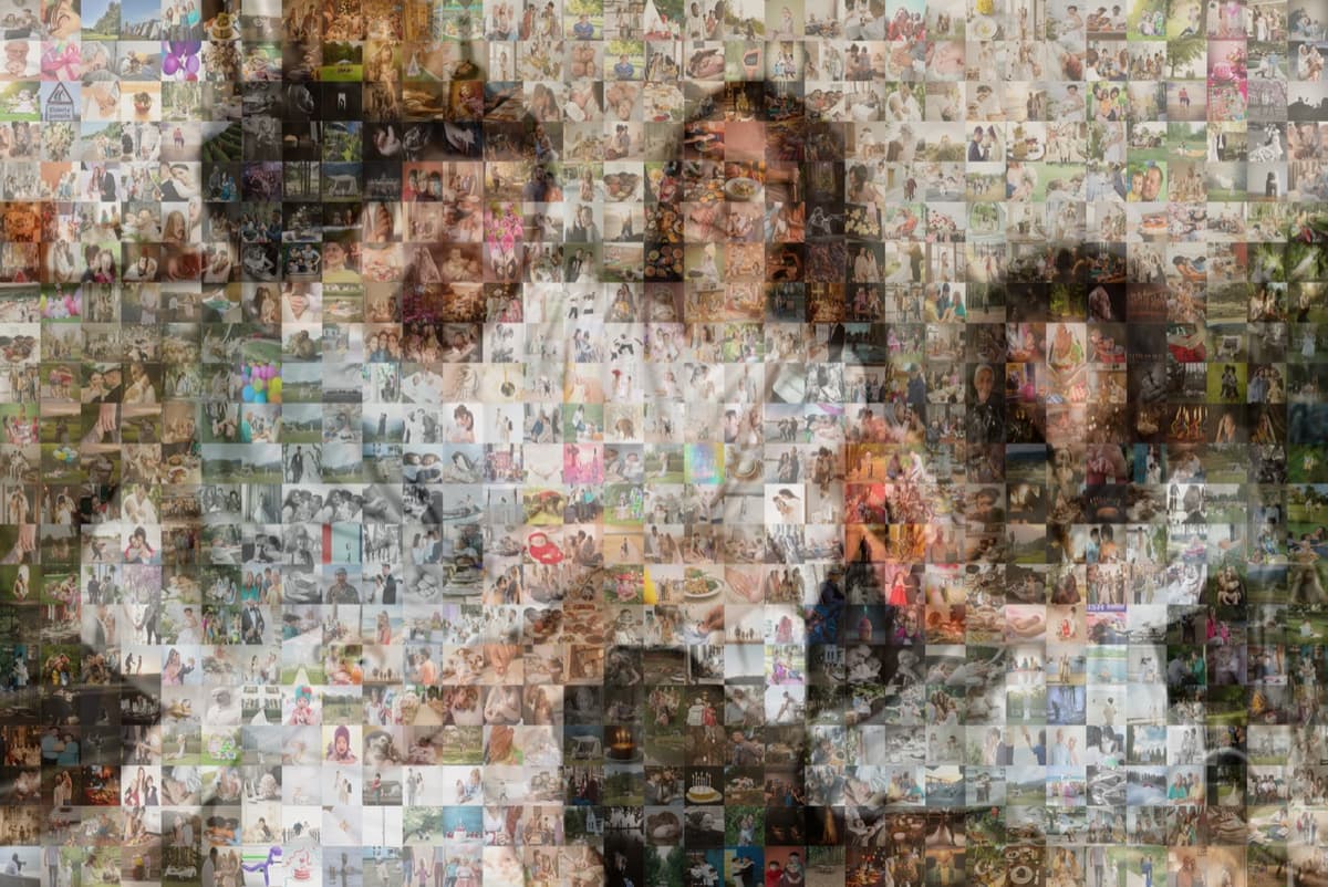 A wedding-style photo mosaic of a couple, made from hundreds of guest photos