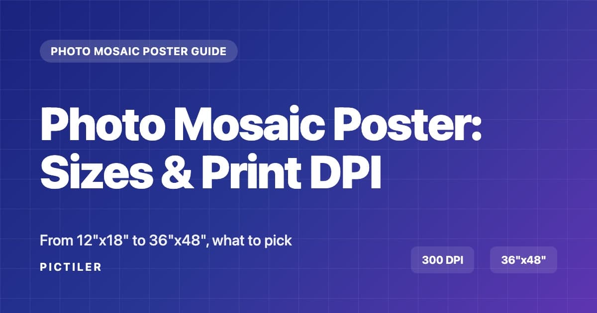 A photo mosaic poster guide showing sizes, DPI, and print recommendations