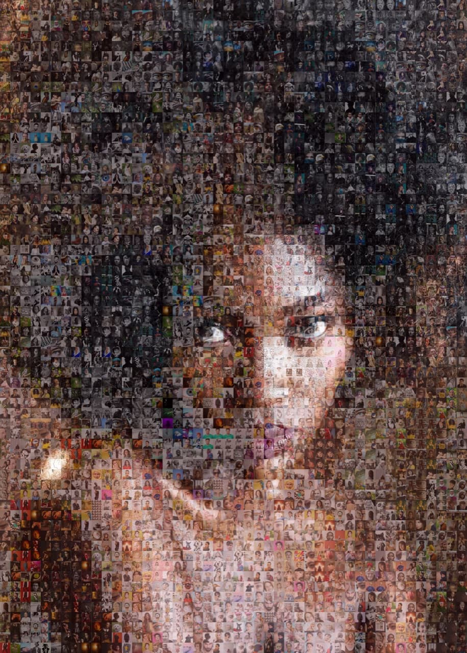 A finished photo mosaic of a woman's portrait, made from hundreds of smaller photos