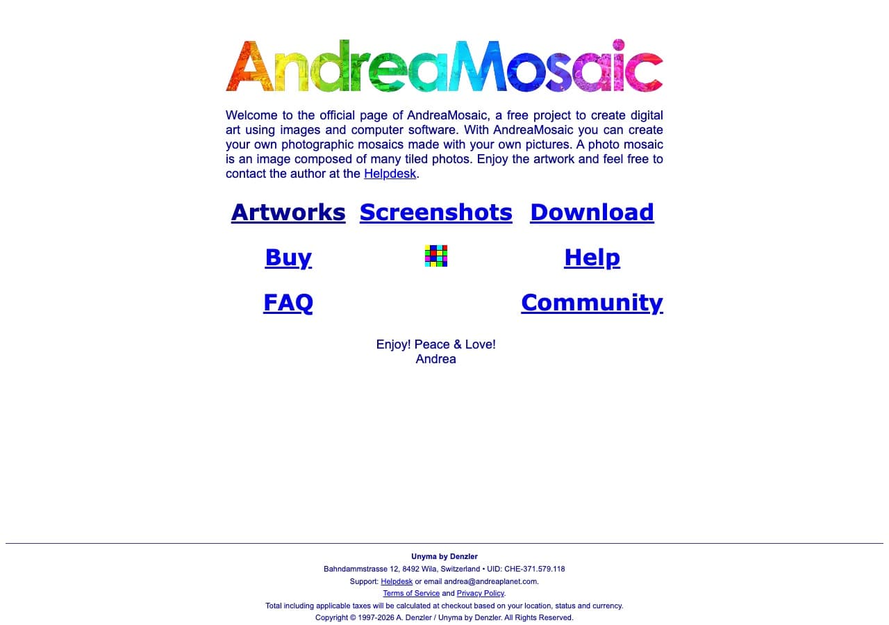 AndreaMosaic free Windows photo mosaic software website screenshot