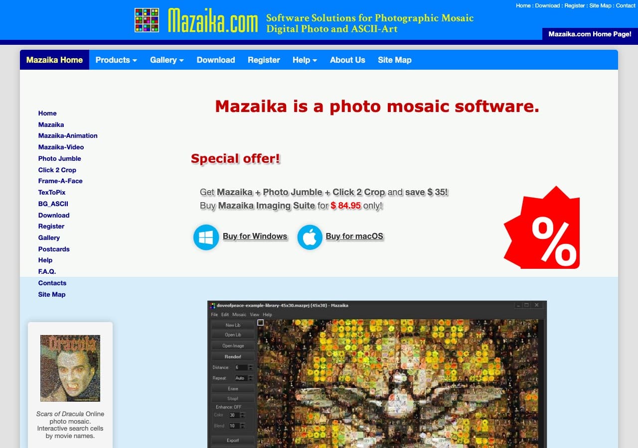 Mazaika professional photo mosaic software website screenshot