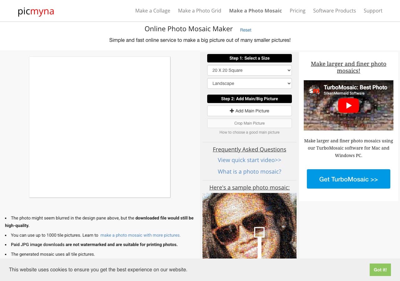 PicMyna online photo mosaic maker website screenshot