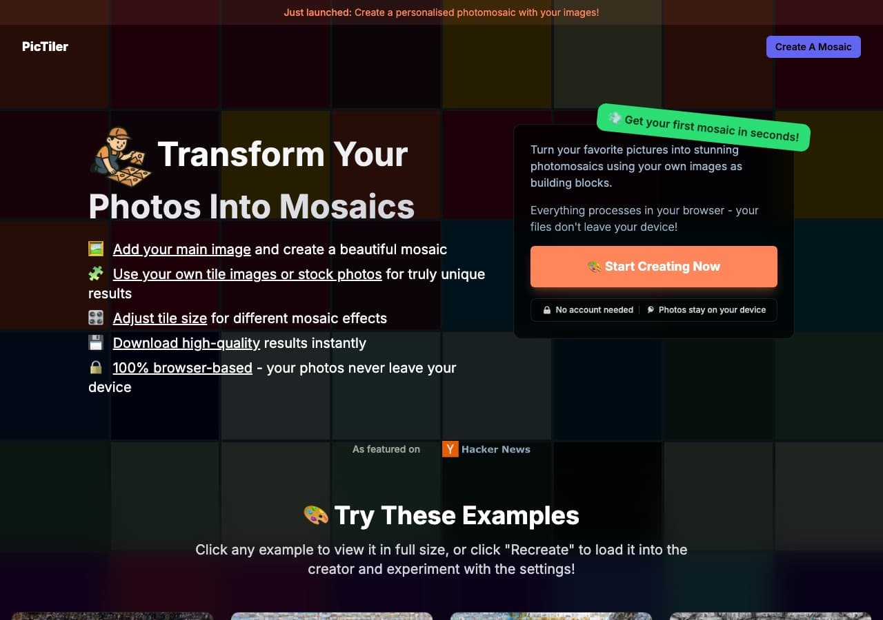 PicTiler photo mosaic maker homepage screenshot