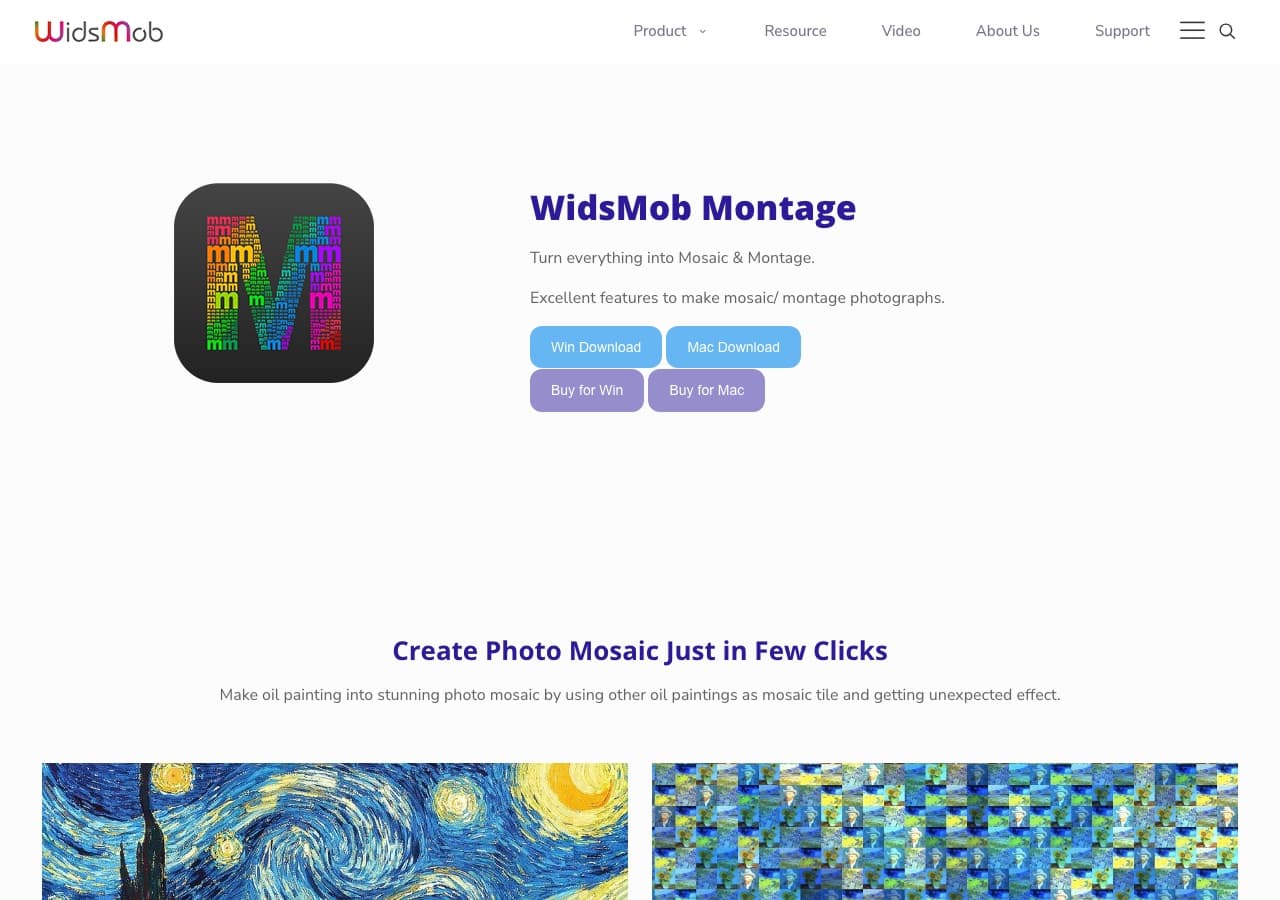 WidsMob Montage desktop photo mosaic app website screenshot