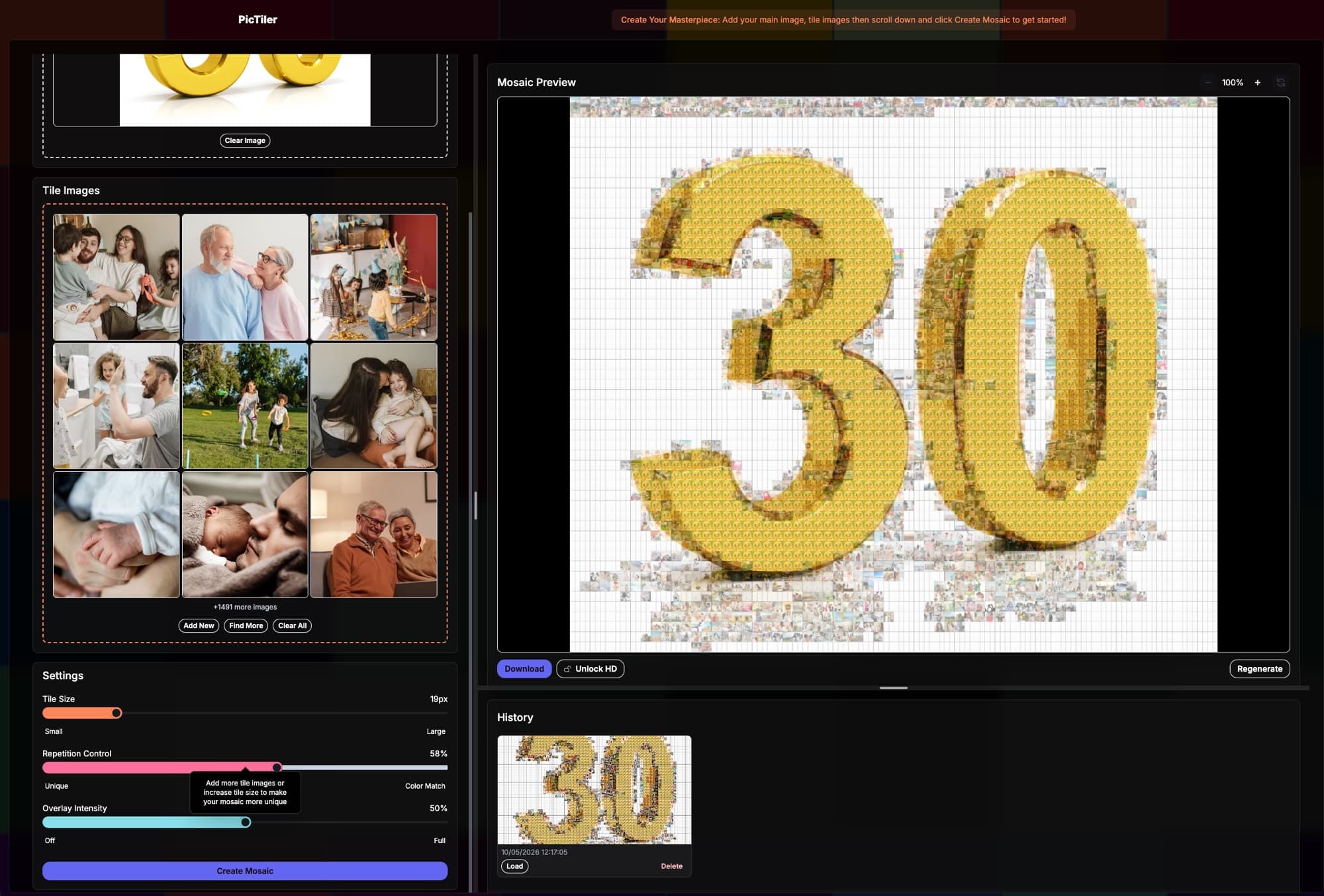 The finished bold 30 photo mosaic with family photos forming the gold numerals