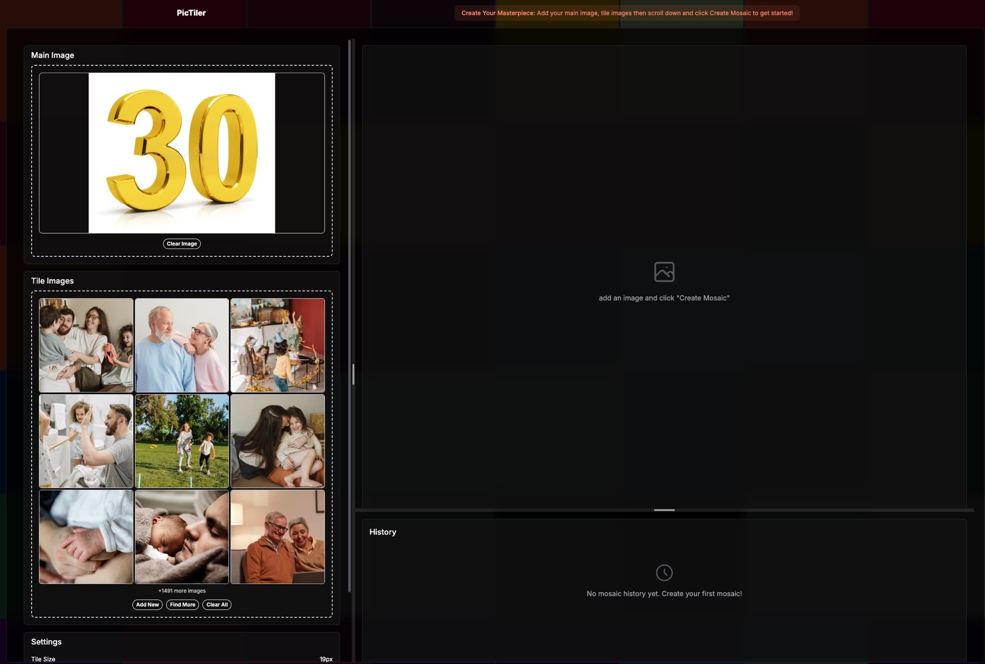 The PicTiler interface with a gold 30 number loaded as the main image and a stack of family photo tiles ready to go