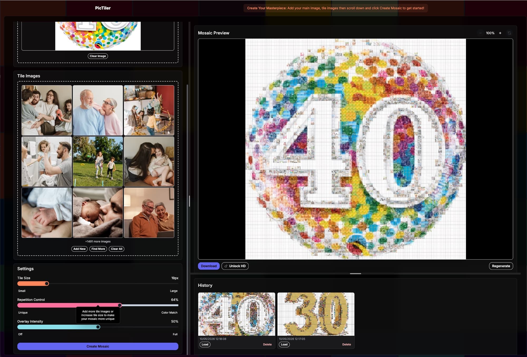A 40th birthday photo mosaic with a colourful balloon 40 made from family photo tiles