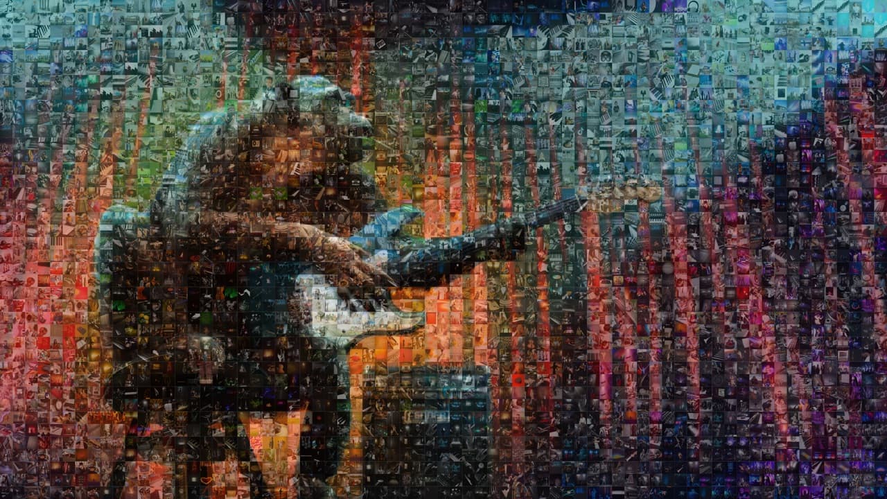 A 50th birthday photo mosaic of a guitarist made from concert and gig photos